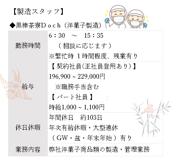 製造スタッフ　黒棒茶寮Doch（洋菓子製造）